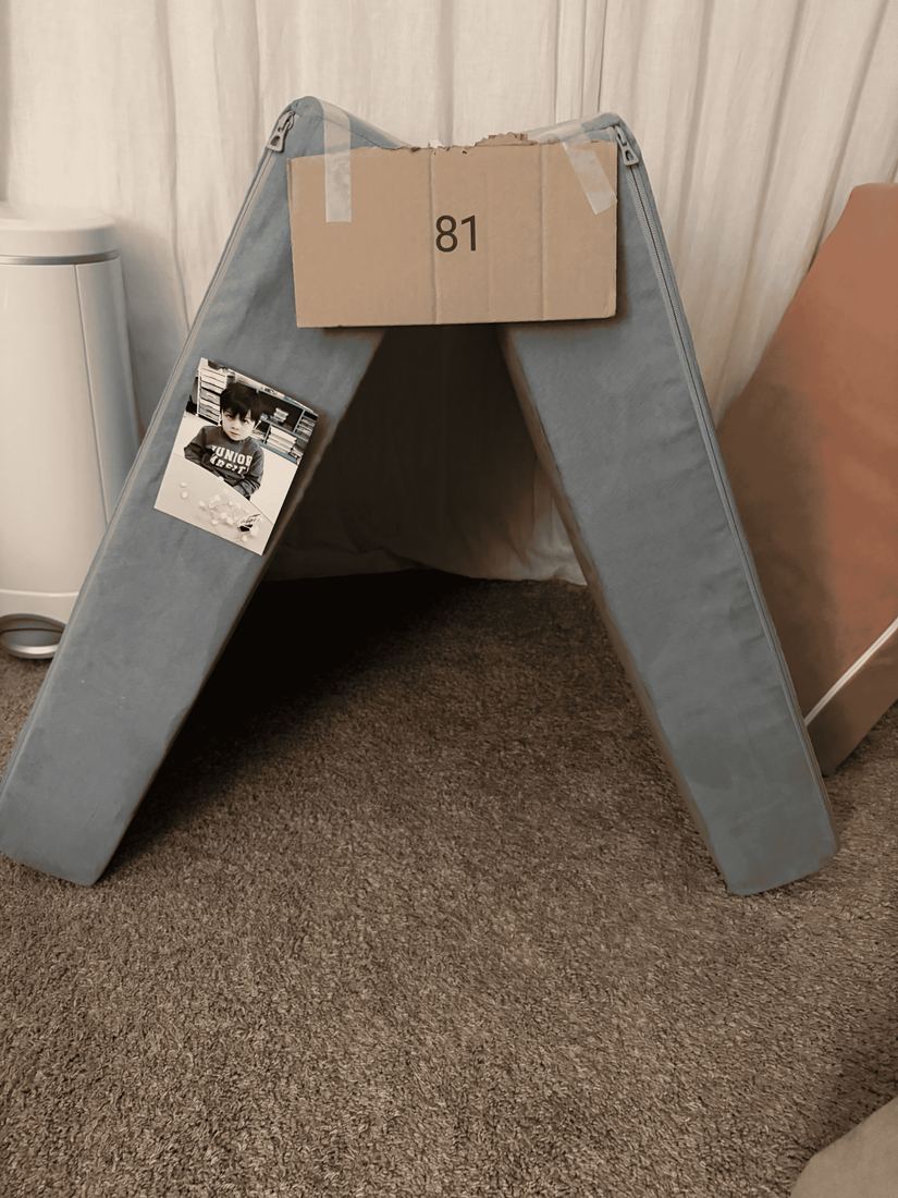 Room 81: a blue cushion tent with a cardboard sign reading 81